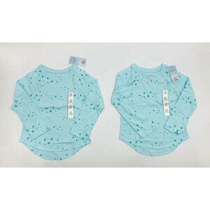 Cat & Jack Girls 4T Long Sleeve Top Shirt Aqua Blue with Teal Stars LOT 2 NEW